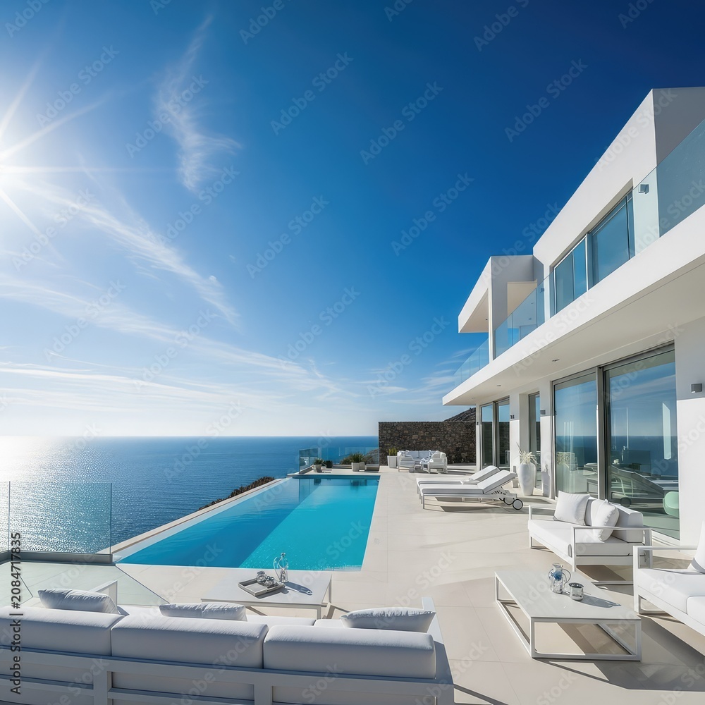 Obraz premium A stunning luxury villa with a private infinity pool overlooking the deep blue sea, featuring modern white architecture and a sunny terrace, resort, relaxation, property