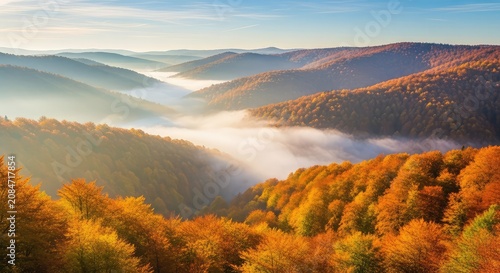 A stunning panoramic view of rolling hills covered in vibrant autumn forests with golden leaves under a soft morning mist in the valley, background, deciduous, texture