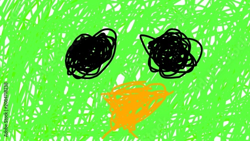 Принти на полотні Abstract Green Scribble Face with Black Eyes and Orange Mouth Cartoon Character