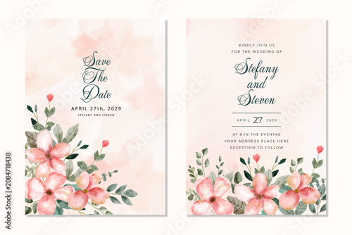Bild auf Leinwand wedding invitation template layout with hand-painted soft pink floral watercolor