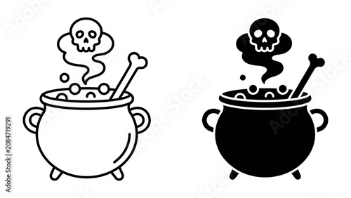 Obraz na płótnie Halloween Cauldron Icon: A stylized illustration of a witch's cauldron with bubbling liquid, a bone, and a skull emitting from the steam, representing Halloween and magic