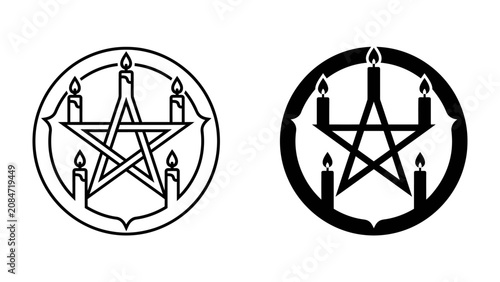 Cuadro en lienzo Pentagram with Candles: A stylized pentagram, representing occult or spiritual belief, is encircled by a ring and illuminated by five candles, presented in both outline and solid black versions