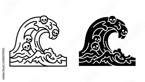 Schilderij op canvas Skull Wave Icon: A stylized wave, presented in both outline and solid black versions, features skulls integrated into its crest, symbolizing danger and the power of the sea