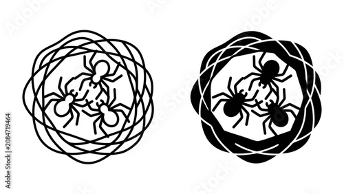 Φωτογραφία Spider Web With Spiders: A stylized graphic illustration showing a spider web enclosure with several spiders inside, presented in both outline and silhouette form