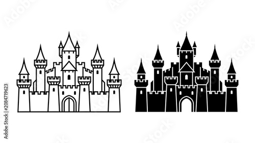 Tableau sur toile Castle Silhouette Duo: A detailed illustration featuring two iconic castle silhouettes, one in outline and the other in solid black, representing timeless architecture and fantasy