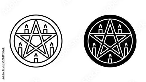 Obraz na płótnie Pentagram Symbol with Candles: A minimalist design featuring a pentagram encased within a circle, adorned with seven candles, presented in both outline and solid black versions