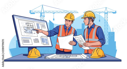 Civil engineering and construction planning with professional architects discussing building blueprints on a digital screen.
