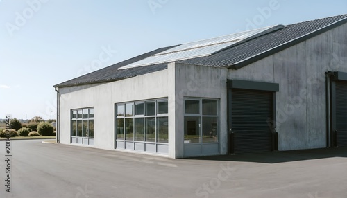 Modern industrial warehouse building with large glass windows and roller shutter doors