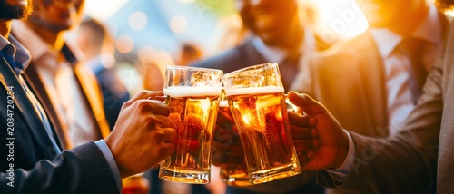 People toast with beer mugs at a lively gathering. 64k 8k widescreen, HDR,