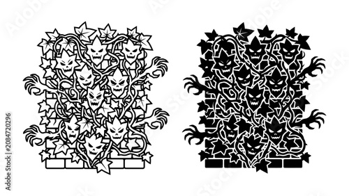 Cuadro en lienzo Spooky Vines Personification: A monochromatic illustration depicts a tangled mass of menacing vines personified as grotesque, horned faces with clawed hands, emerging from a brick wall