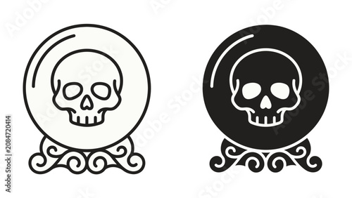 Bild auf Leinwand Skull Crystal Ball Icons: Two stylized icons, one in black and white and the other in solid black, depict a skull encased within a crystal ball, resting on an ornate base