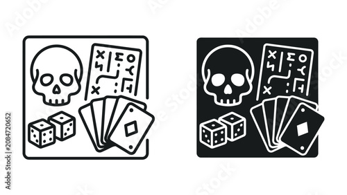 Fotografía Skull and Dice Game Icon: A morbidly intriguing icon set featuring a skull, dice, playing cards, and a cryptic map, evoking themes of chance, fate, and macabre adventure