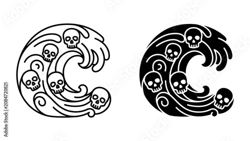 Εκτύπωση καμβά Wave of Skulls Icon: A stylized wave design incorporating multiple skull motifs, presented in both line art and silhouette versions, symbolizing danger or mortality within nature