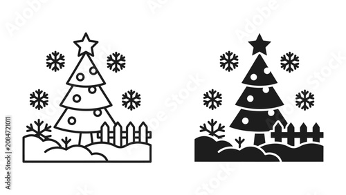 Fotografie Christmas Tree Icons: A festive duo of Christmas tree icons, one outlined and one filled, depict a decorated tree adorned with a star and ornaments, surrounded by snowflakes and a small fence
