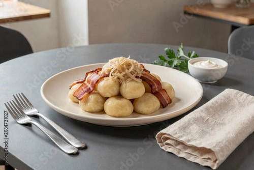 Strapacky served on round grey table, fork on left, white bowl with creamy sauce on right. Concept of rustic dining with potato dumplings with sauerkraut bacon.