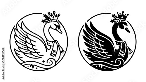 Bilde på lerret Regal Swans in Festive Attire: A pair of elegant swans, one outlined in black and white, the other in stark black, adorn festive crowns and scarves, captured in a circular emblem