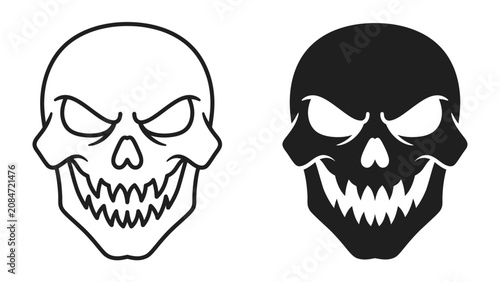 Foto Two Skulls, One Spooky: A set of two illustrated skulls, one in outline and the other in silhouette, both with menacing grins and empty eye sockets, conveying a sense of danger and the macabre
