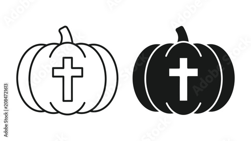 Schilderij op canvas Christian Pumpkin Icon: A stylized pumpkin with a prominent Christian cross etched onto its surface, presented in both outline and solid black variations for versatile use