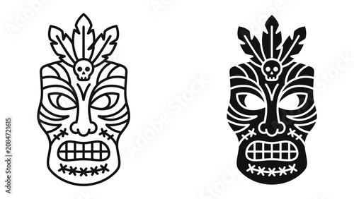 Tableau sur toile Tribal Mask Icon: A stylized tribal mask design, featuring prominent eyes, a skull motif, and feather adornments, presented in both outline and solid black versions