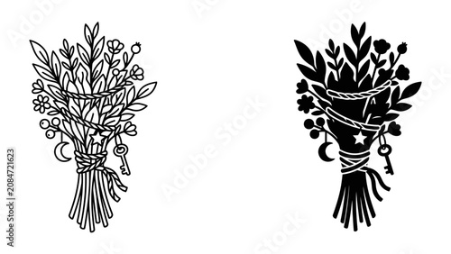 Obraz na płótnie Mystical Bouquet Duo: A symbolic bouquet featuring celestial elements like a crescent moon and stars, alongside a vintage key, tied with rustic rope and adorned with leaves and blossoms