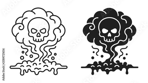 Foto Skull Cloud Symbol: A stark graphic illustration features a skull enveloped in a billowing cloud, symbolizing danger and toxicity, presented in both outline and solid black forms