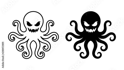 Obraz na plátně Scary Octopus Icon: A graphic illustration of a menacing octopus in both outline and solid black, featuring glowing eyes and a wide, sharp-toothed grin, symbolizing fear or a formidable presence