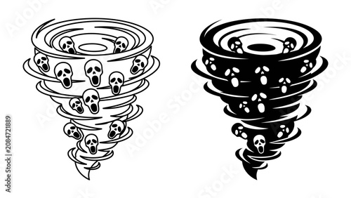 Konstfotografi Spiraling Skeletons of Despair: Two stylized tornadoes, one in black and white, the other in stark black, swirl with terrified, screaming faces and skull imagery