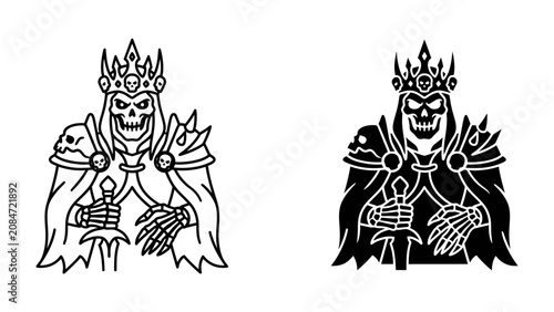 Vászonkép King Skeleton with Crown and Sword: A regal skeleton king adorned with a crown and cape, holding a sword, presented in both line art and silhouette form, embodying power and macabre royalty