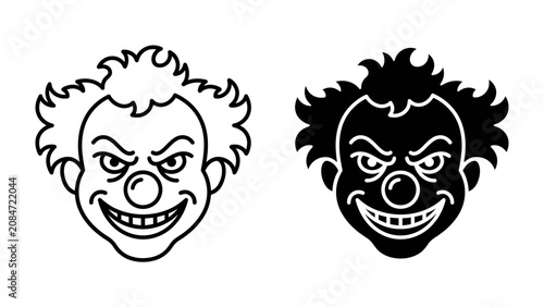 Schilderij op canvas Sinister Clown Faces: A striking duo featuring two stylized clown faces, one in an outline and the other in silhouette, both with mischievous grins and unsettling expressions