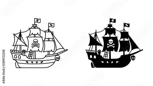 фотографія Pirate Ship Icons: A set of two pirate ship icons, one in outline and the other in silhouette, featuring skull and crossbones flags and intricate rigging