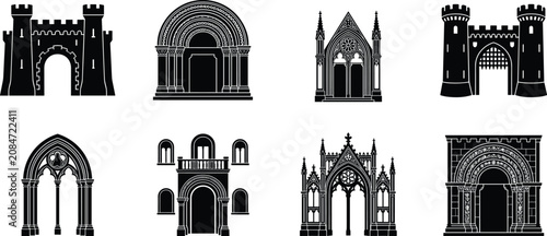 Canvastavla Medieval doorway silhouettes, Gothic arch vector, Romanesque gateway icons, cath