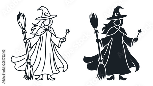 Bild auf Leinwand Enchanting Witch Duo: Two stylized witches, one outlined and one in silhouette, stand ready with broom and wand, embodying the magic and mystery of Halloween