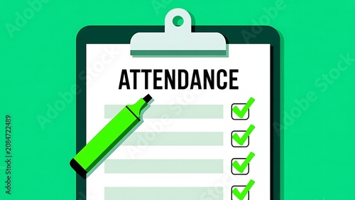 Attendance sheet, clipboard icon, green checkmarks, office stationery, business template