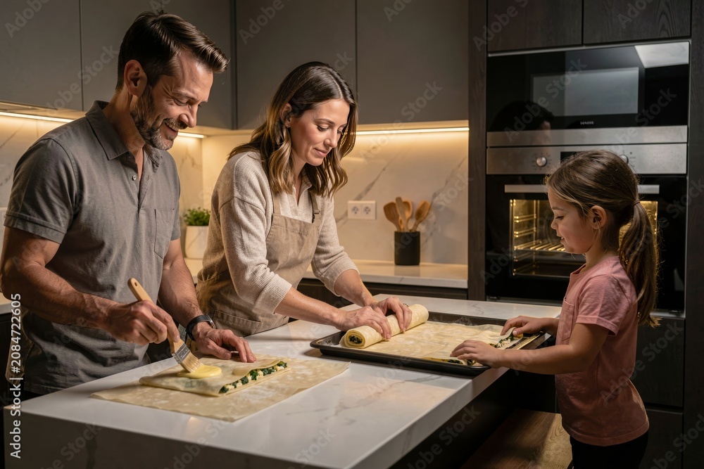 Fototapeta premium Family baking Zeljanica, phyllo pastry with spinach cheese filling in modern kitchen with stainless steel appliances, enjoying quality time together. Concept of family cooking activity.