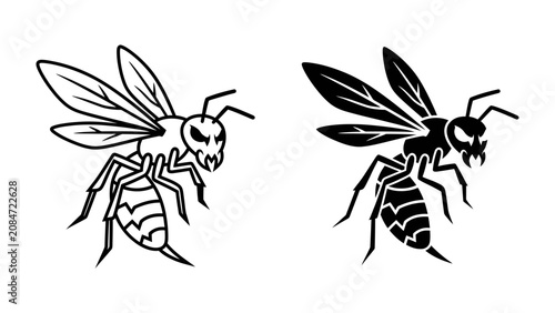 Foto Wasp Illustration: A detailed illustration of a wasp, presented in both outline and silhouette forms, showcasing its distinct abdominal segments and winged anatomy