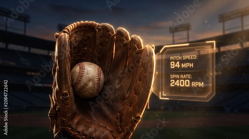 Baseball Glove Catching Ball with Digital Analytics Overlay Showing Pitch Speed and Spin Rate in a Stadium Background