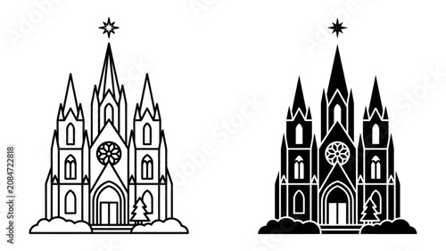 Obraz na płótnie Church Silhouette: Two distinct silhouettes of a majestic church, one outlined in black and the other filled in