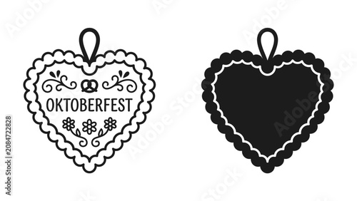 Tableau sur toile Oktoberfest Heart Decoration: A decorative heart-shaped tag with a scalloped edge, featuring OKTOBERFEST text and a pretzel emblem, alongside a solid black silhouette heart