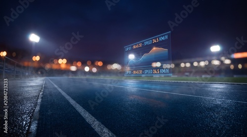 Futuristic Blue Running Track at Night with Digital HUD Performance Data Interface in a Stadium