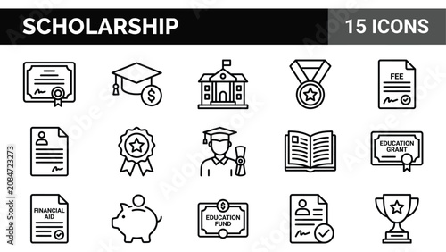 Scholarship line icons set, 15 education grant and financial aid vector symbols, academic funding and student loan icons