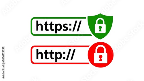 Secure, protected website icons, green shield, locked padlock, http https url links