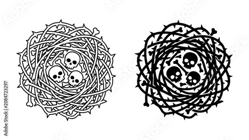 Φωτογραφία Nest of Thorns and Skulls: A symbolic nest woven from thorny branches, housing three small skulls, representing danger and death