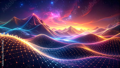 abstract digital landscape of glowing mountains and valleys, illuminated by a vibrant sunset, featuring intricate network connections and shimmering particles, ideal for technology or sci-fi concepts