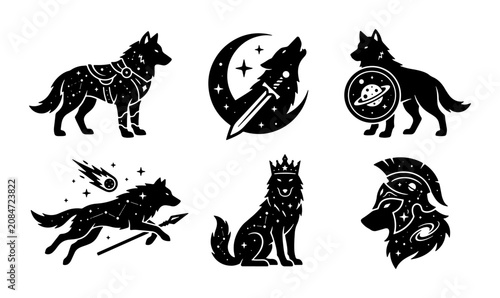 Fotografie Cosmic Wolf Icons Set, Celestial Canine Graphics, Mystical Animal Vector Illustr