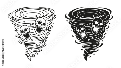 Obraz na plátně Tornado with Skulls Illustration: A graphic representation of two twirling tornadoes, one in black and white and the other in dark tones, with skeletal skulls caught within their destructive vortexes