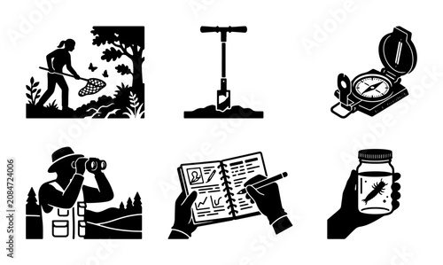 Foto Outdoor Exploration Icons: Nature Study, Fieldwork, Scientific Research, Botany,