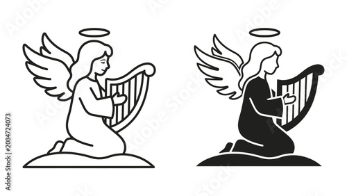 Fotografía Angel playing harp: An angel with outstretched wings and a halo is kneeling and playing a harp, depicted in two artistic styles