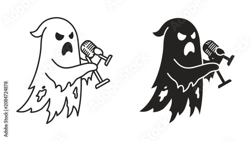 Photos Spooky Serenade: A stylized ghost, depicted in both outline and silhouette, dramatically holds a vintage microphone, its eerie expression conveying a haunting musical performance