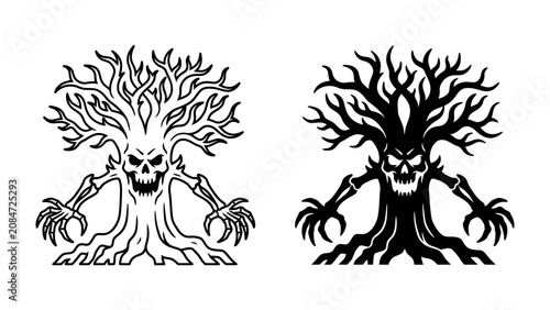 Konstfotografi Haunted Tree Illustration: Two stylized illustrations of a spooky, gnarled tree with a skull-like face and skeletal arms, one in black and white and the other in silhouette