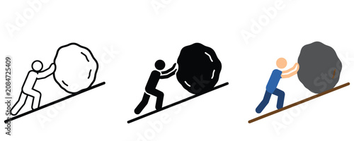 Valokuva Person pushing heavy rock uphill icon set representing struggle and hard work